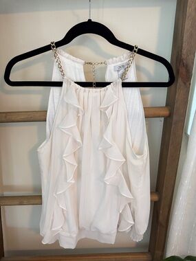 Cache White Chiffon Halter Camisole with Gold Chain